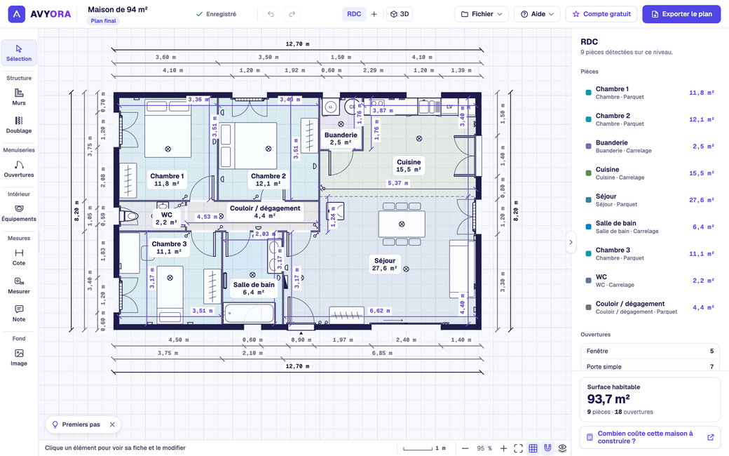 Plan 2D d'une maison de plain-pied de 94 m² dans l'éditeur AVYORA : pièces nommées, surfaces, cotes et mobilier