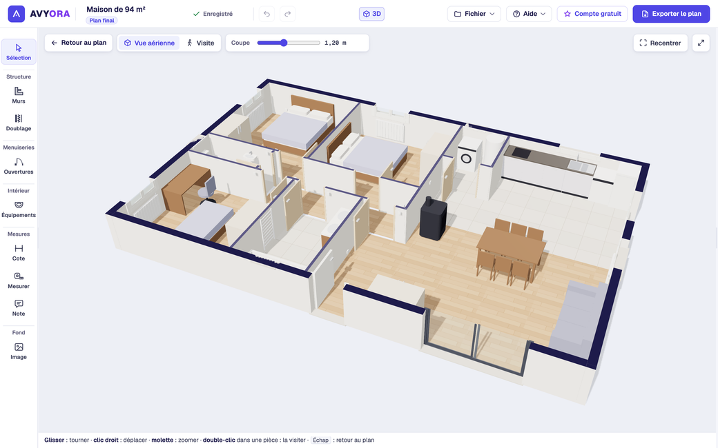 La même maison de 94 m² en 3D dans l'éditeur AVYORA